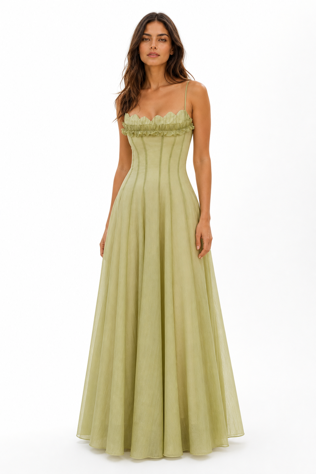Elowen matcha ruffled tulle maxi dress three-quarter view